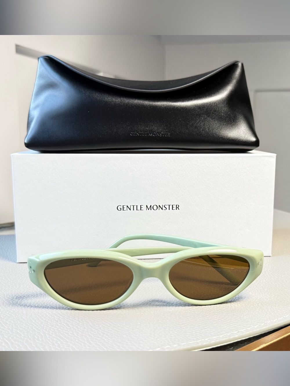 GENTLE MONSTER Mint Green Cat-Eye Sunglasses with Brown Lenses